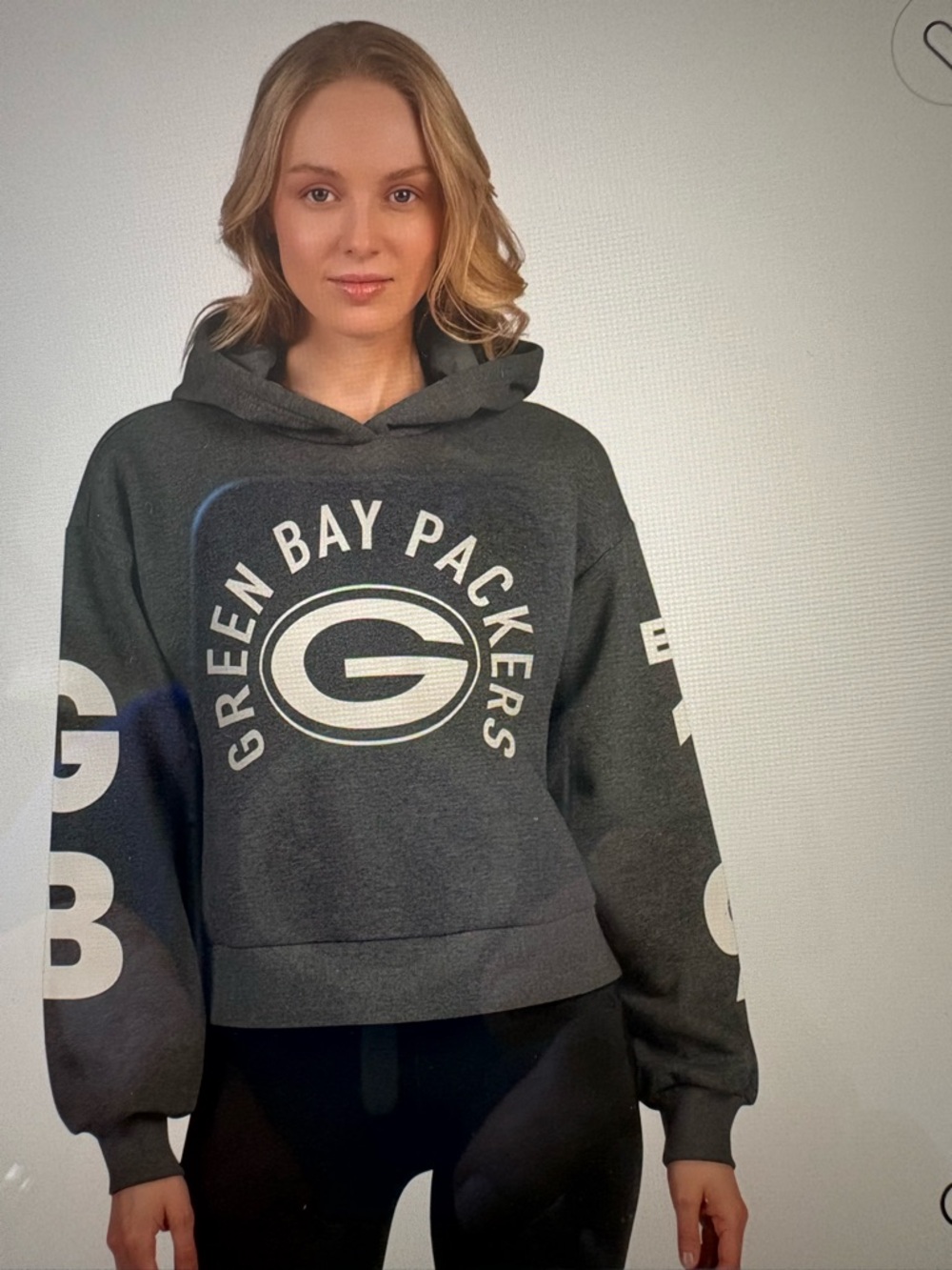 Green Bay Packers Women's Starter Heather Charcoal cropped fleece  hoodie.